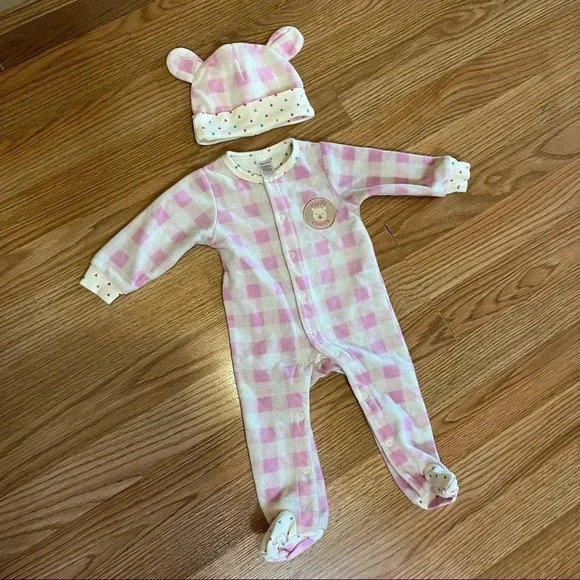Baby Aspen Other - Baby Aspen Pink Plaid Bear Footie Pajamas And Hat 0-6 Months Happy Camper